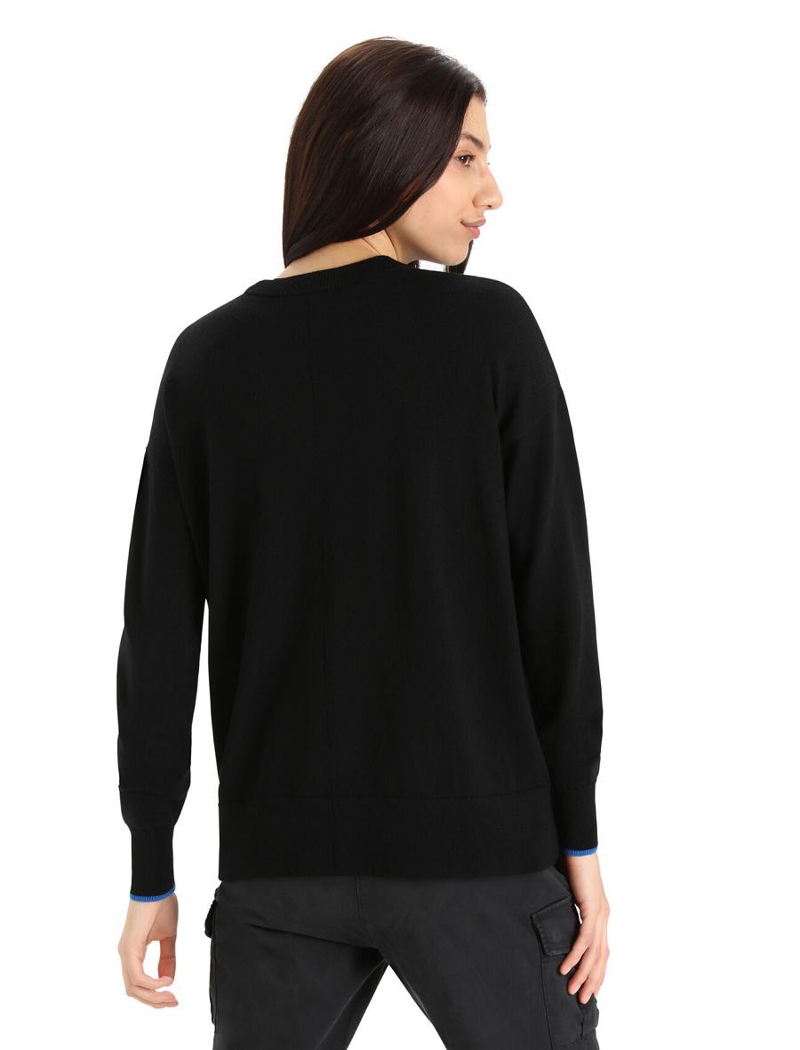 Women's Icebreaker Merino Shearer Crewe Sweaters Black / Lazurite | CA 1315QMAZ